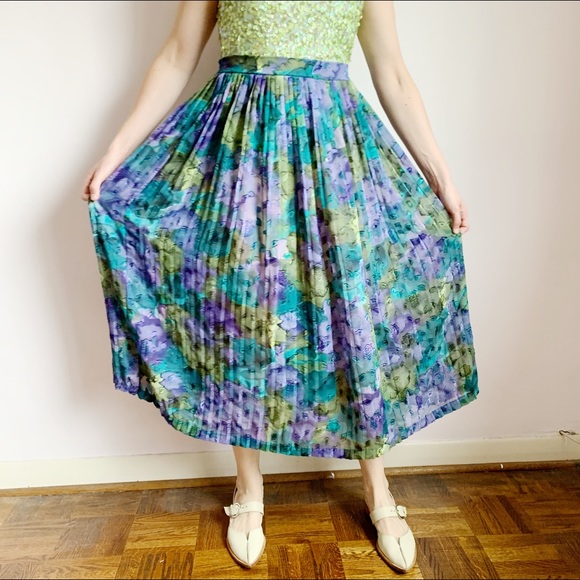cymbrion Dresses & Skirts - vtg high waist pleated chiffon flower midi skirt